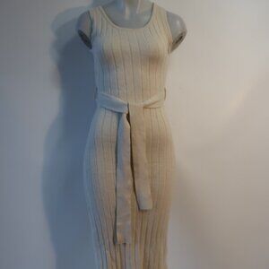 NWT Womens Lumiere Ivory Waist Tie Ribbed Sleeveless Midi Tank Sweater Dress S
